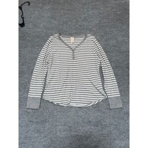 Faded Glory Womens XXL Gray White Striped Waffle Knit Henley Thermal Long Sleeve